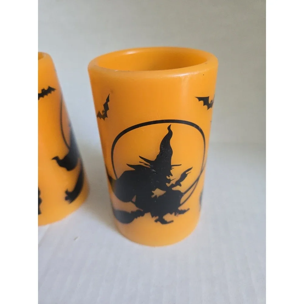 2 Halloween Flameless LED Pillar Candles Orange Black Witch Cat Bats Wax Battey